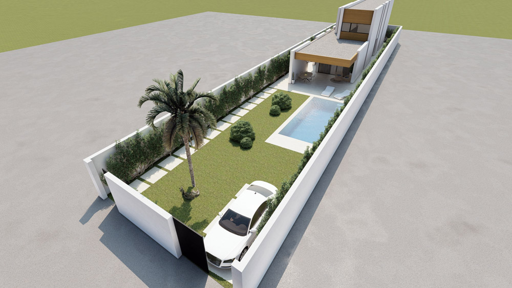 Imagen del proyecto de vivienda Miguelturra de F5 Arquitectos; referencia de relación entre parcela y vivienda