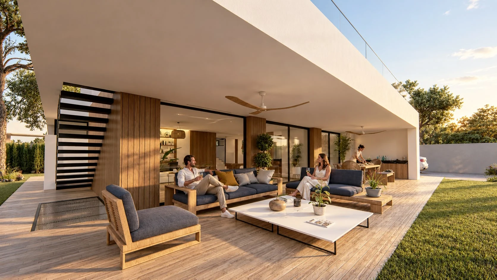 Porche de Roche 03: luz natural, volúmenes blancos y madera junto al jardín