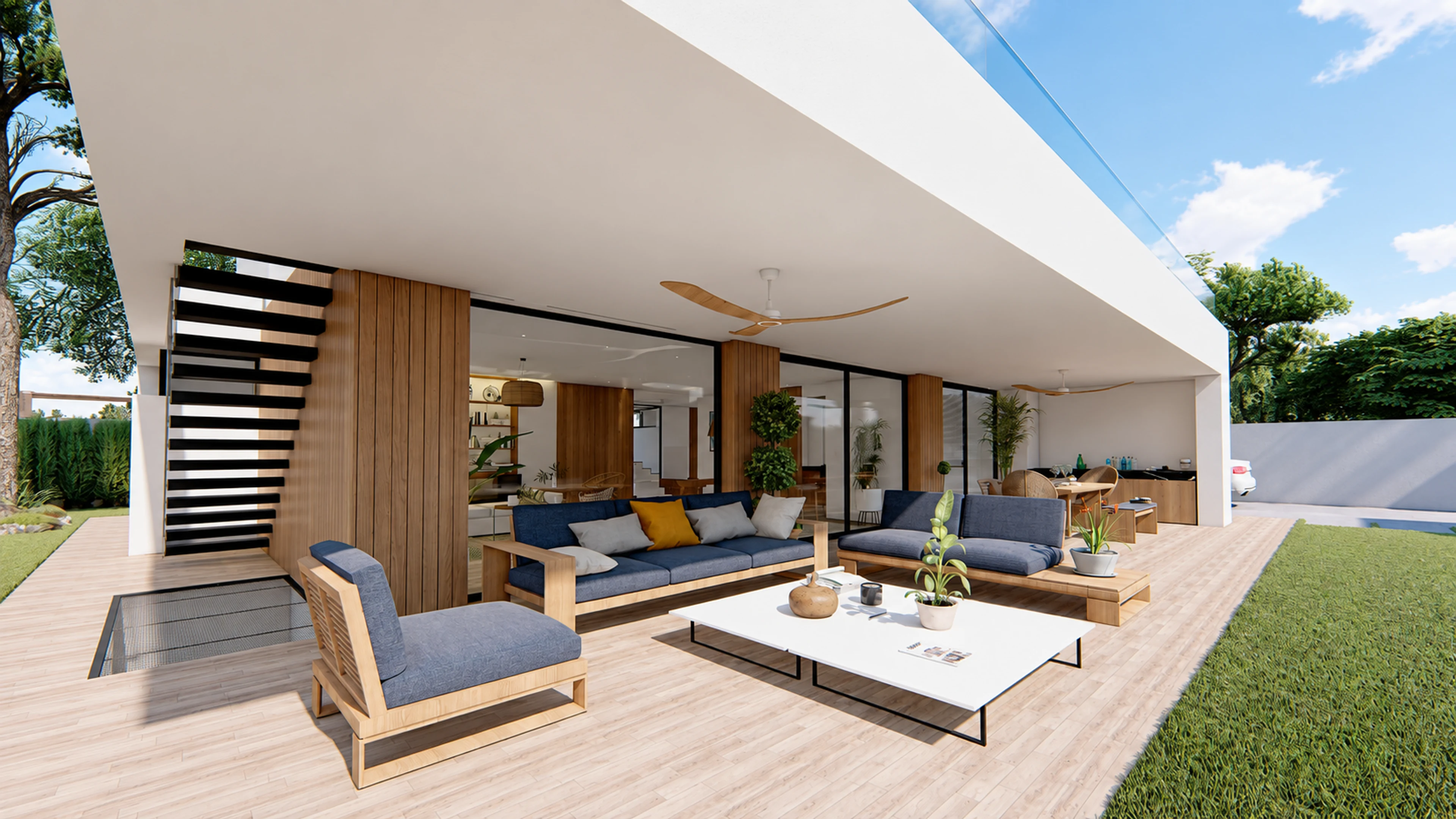 Porche de Roche 03: luz natural, volúmenes blancos y madera junto al jardín